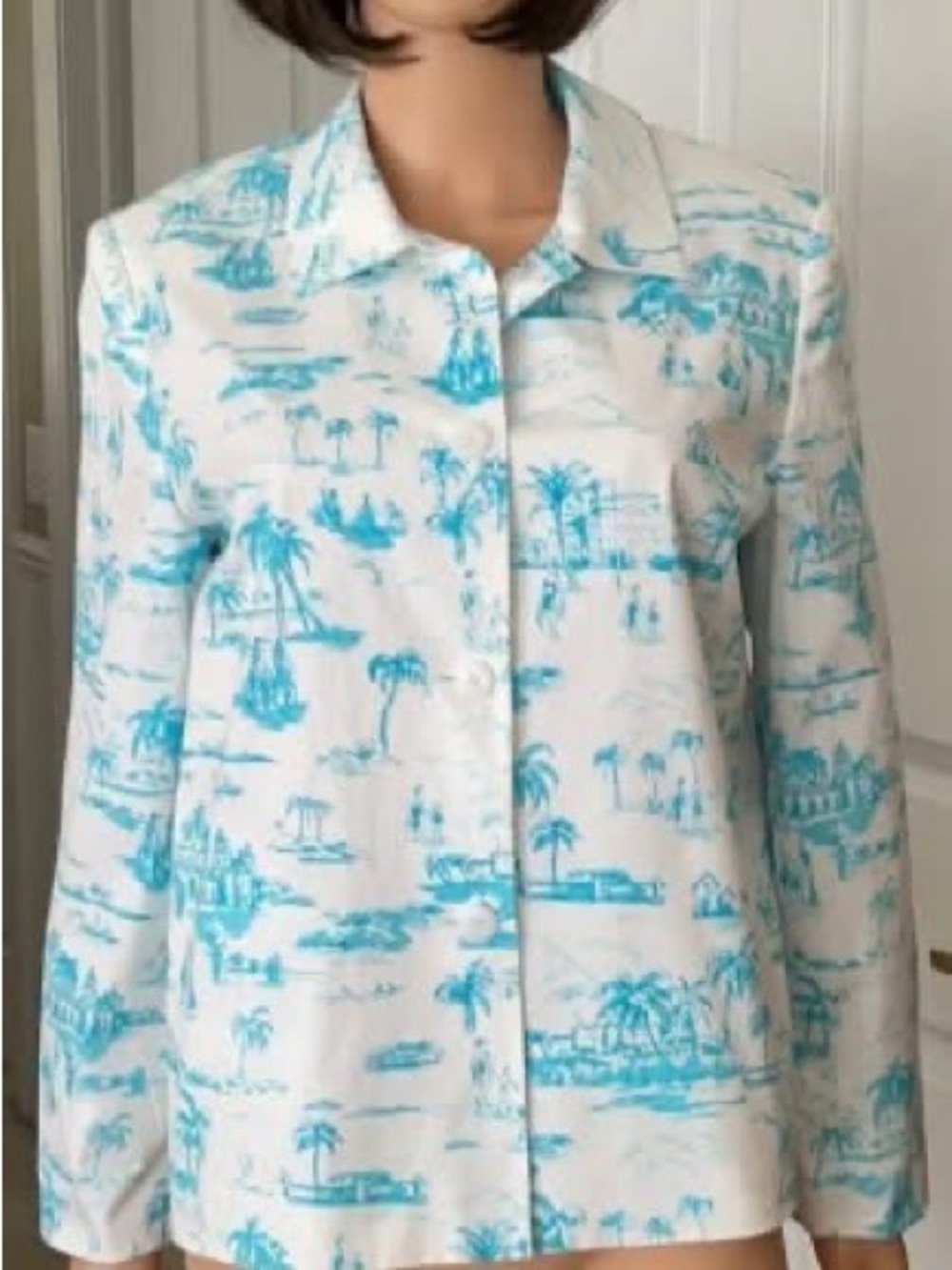 Talbots White and Turquoise Scenic Print Button-Up Blazer